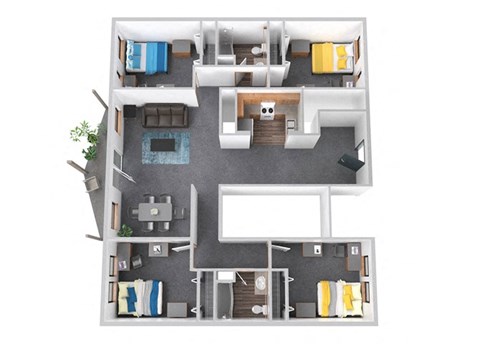 Floor plan for 4 beds, 2 baths, 1160 sqft
